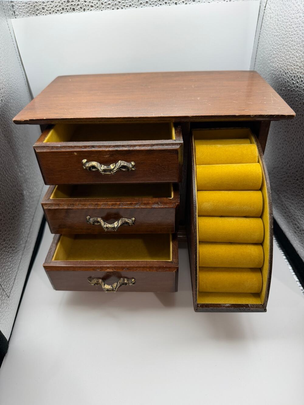 Vintage Wooden Jewelry Box Armoire Chest 3 Drawers Ring Roll Cabinet Organizer